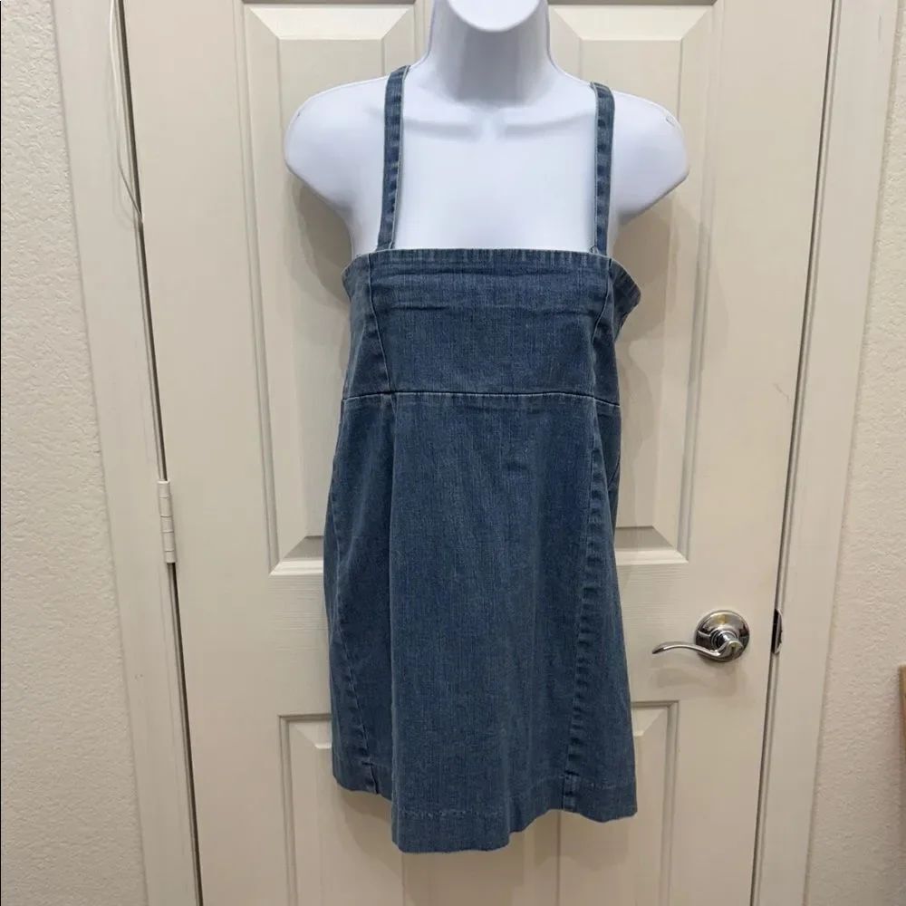 Lux Blue Denim Mini Dress Adjustable Straps Size 10 Square Neck Slit Back